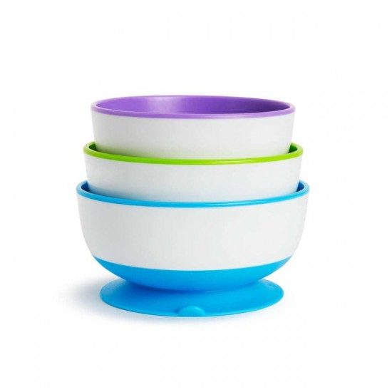 Munchkin Stay Put Bowl Πολύχρωμα Μπολ Φαγητού Με Βεντούζα Στήριξης 6+ Μηνών 3 Τμχ